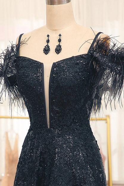 A Line Corset Long Glitter Black  Prom Dress With Feather