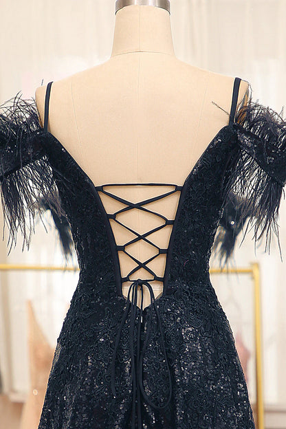 A Line Corset Long Glitter Black  Prom Dress With Feather