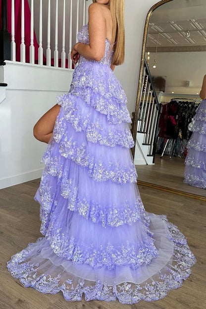 Weitese Gorgeous A Line One Shoulder Lilac Corset Prom Dress with Ruffles Lace