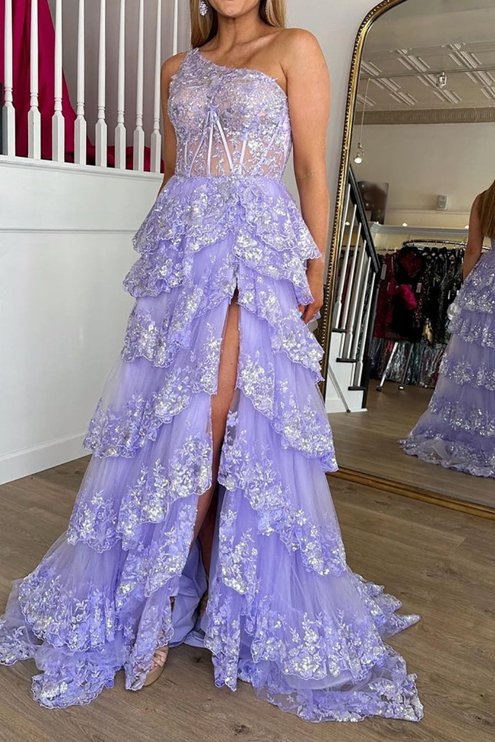 Weitese Gorgeous A Line One Shoulder Lilac Corset Prom Dress with Ruffles Lace