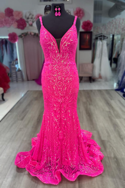 Weitese Sparkly Hot Pink Mermaid Backless Long Corset Prom Dress With Sequin