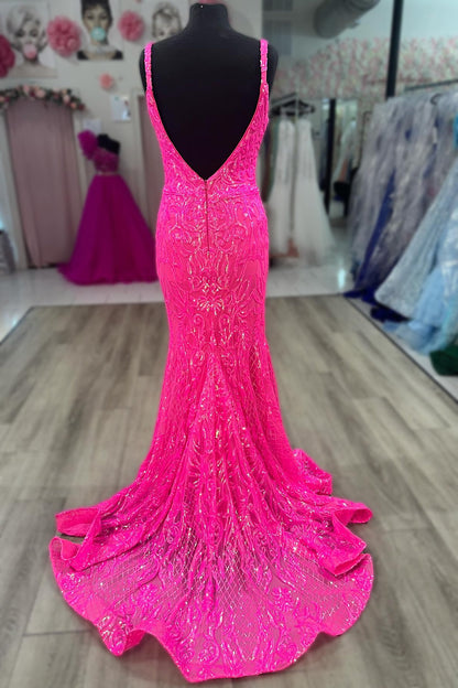 Weitese Sparkly Hot Pink Mermaid Backless Long Corset Prom Dress With Sequin