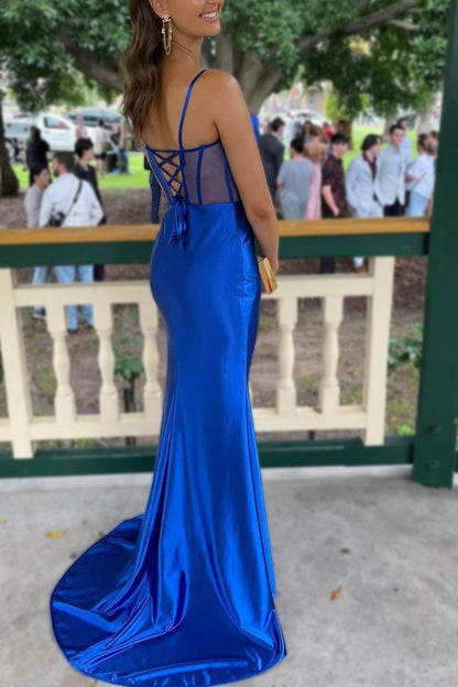 Weitese Mermaid Lace Up Long Satin Prom Dress With Split