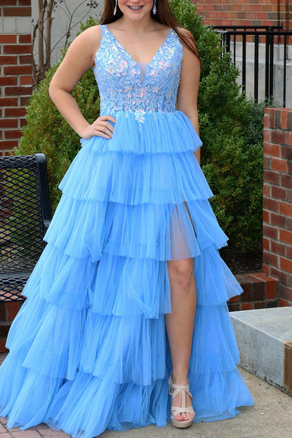 Weitese A Line V-Neck Long Tiered Prom Dress with Slit And Appliques