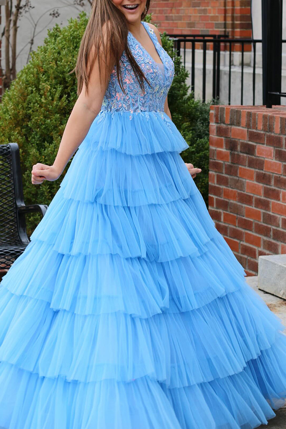 Weitese A Line V-Neck Long Tiered Prom Dress with Slit And Appliques