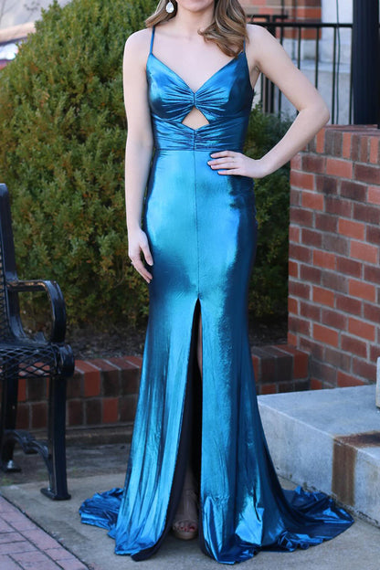 Weitese Mermaid Keyhole Back Long Satin Prom Dress With Slit