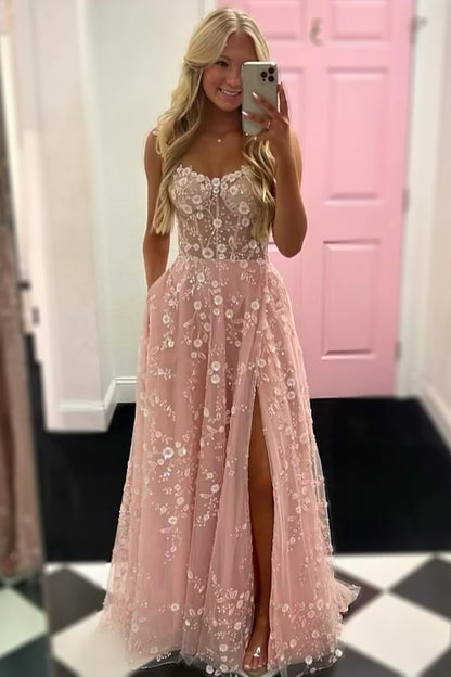 A Line Sweetheart Tulle Long Slit Blush Prom Dress With Pocket