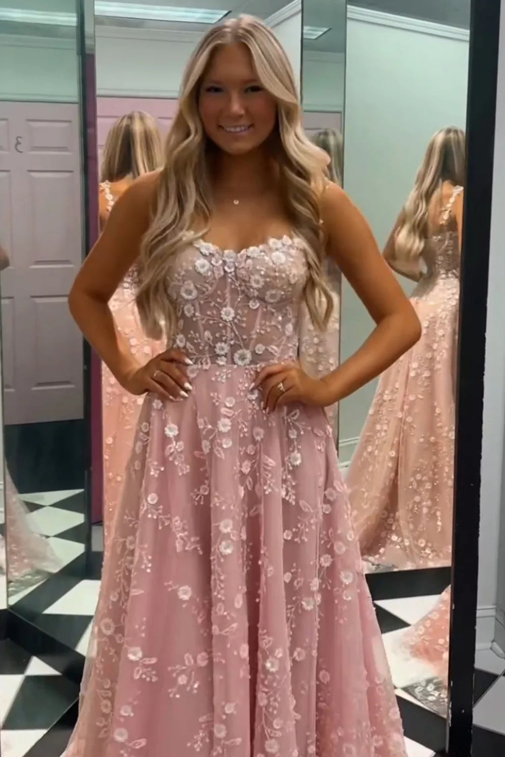 A Line Sweetheart Tulle Long Slit Blush Prom Dress With Pocket