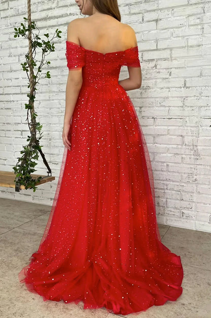 A-Line Red Tulle Off the Shoulder Prom Dress