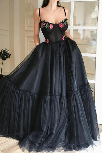 Black Tulle Long A-Line Spaghetti Strap Long Prom Dress