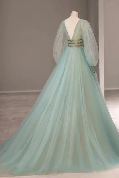 Green Long Sleeve V-Neck Tulle Long Prom Dress