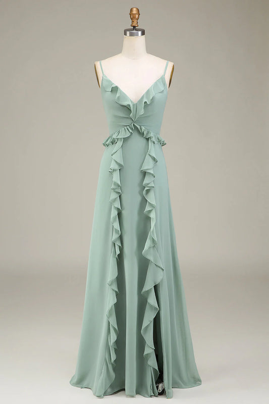 A-Line V-Neck Chiffon Bridesmaid Dress With Ruffles