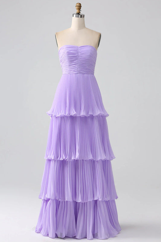 A-Line Sweetheart Tiered Chiffon Long Bridesmaid Dress With Pleated