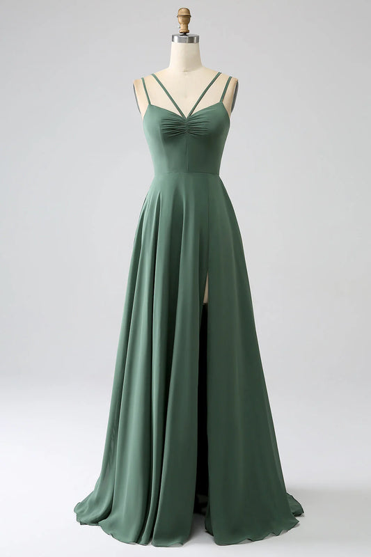 A-Line Spaghetti Straps Backless Pleated Long Bridesmaid Dress