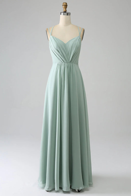 A-Line Spaghetti Straps Backless Pleated Long Bridesmaid Dress