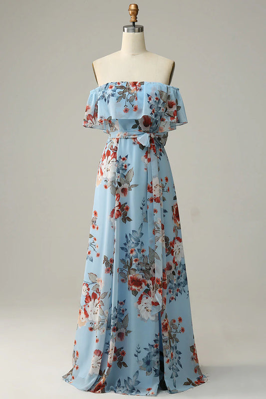 Floral Boho Chiffon Long Bridesmaid Dress