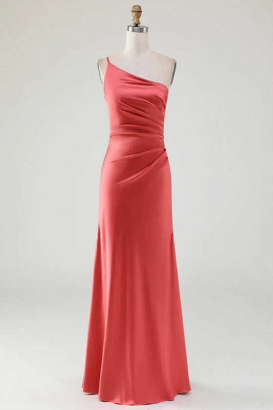 Sheath One Shoulder Floor-Length Pleated Satin Bridesmaid Dress