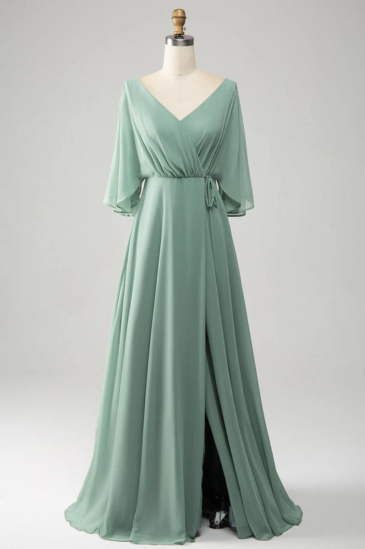 Batwing Sleeves Long Chiffon Bridesmaid Dress With Slit