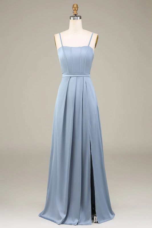 A-Line Spaghetti Straps Satin Long Bridesmaid Dress