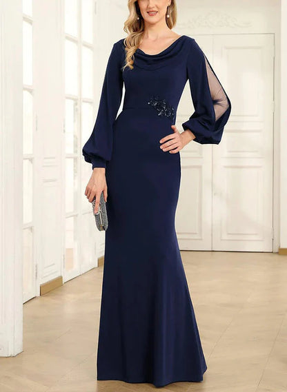 Sheath Cowl Neck Long Sleeves Floor-Length Mother Of The Bride Dresses