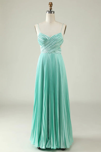 Spaghetti Straps Pleated Long Bridesmaid Dress