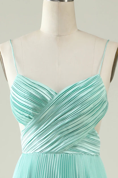 Spaghetti Straps Pleated Long Bridesmaid Dress