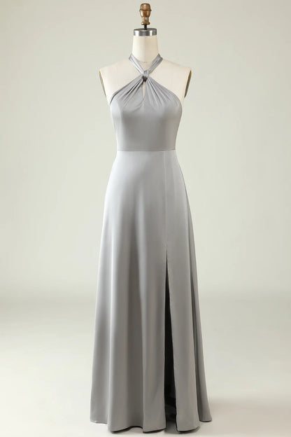 A Line Halter Neck Long Bridesmaid Dress With Slit