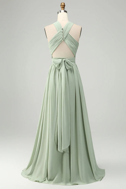 A Line Halter Chiffon Pleated Long Bridesmaid Dress With Slit