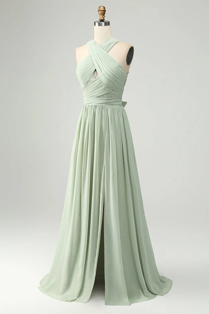 A Line Halter Chiffon Pleated Long Bridesmaid Dress With Slit