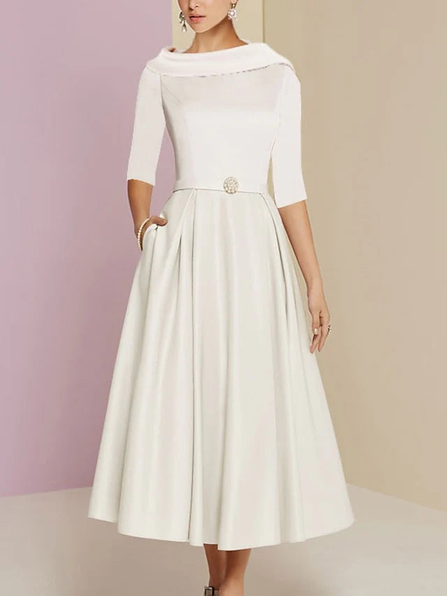 A-Line/Princess Jewel Neck Half Sleeve Tea Length Mother Of The Bride Dresses