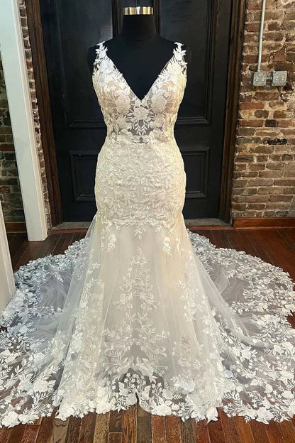 Floral Lace V-Neck Trumpet Long Wedding Dress