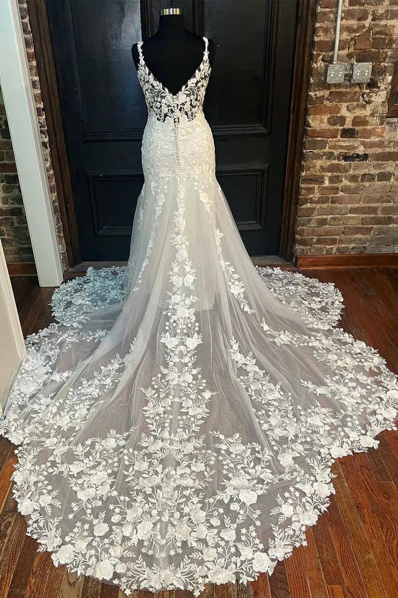 Floral Lace V-Neck Trumpet Long Wedding Dress