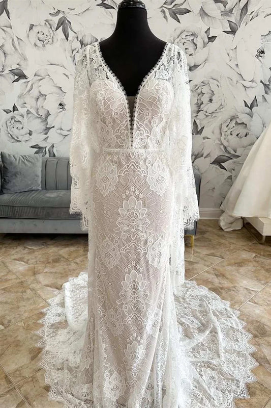 Lace Plunge V Mermaid Long Wedding Dress with Bell Sleeves