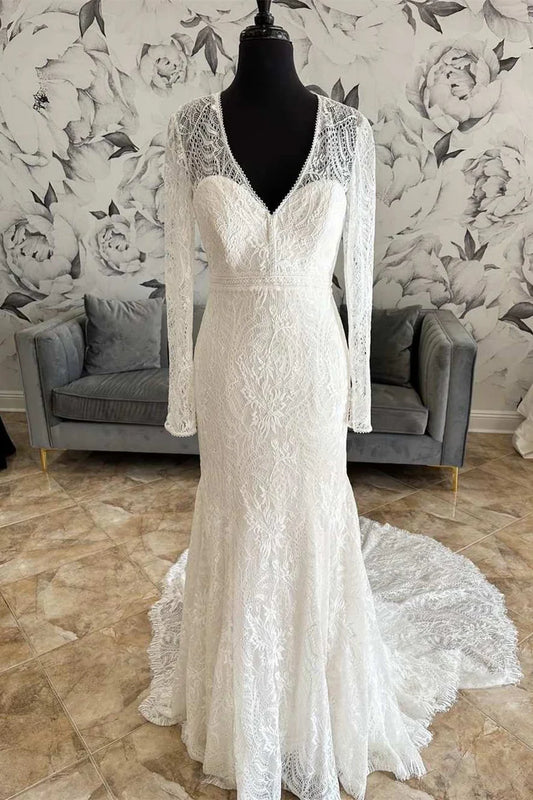 Lace V-Neck Lace-Up Back Long Sleeve Mermaid Wedding Dress