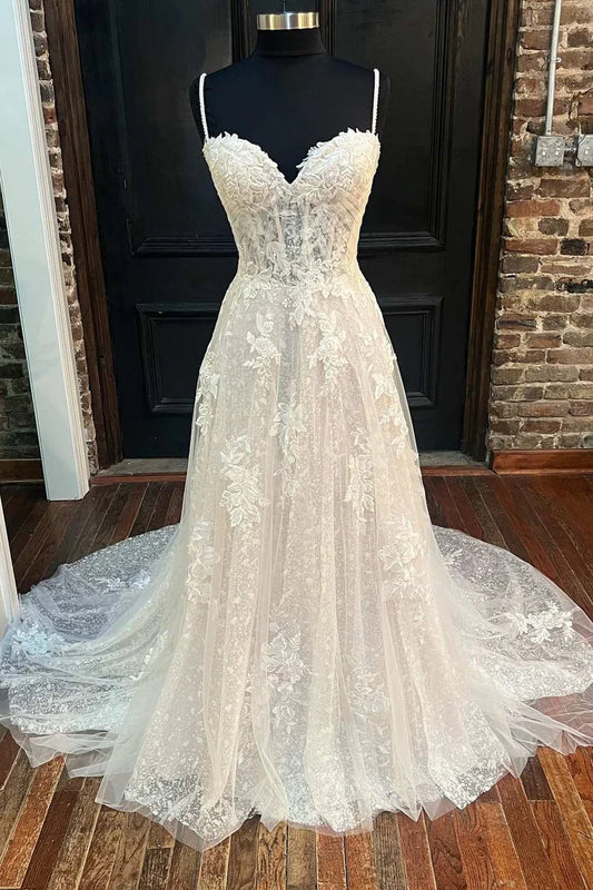 Floral Lace Sweetheart Straps A-Line Long Bridal Gown