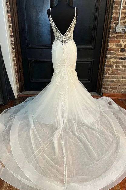 Tulle Floral Lace Trumpet Long Wedding Dress