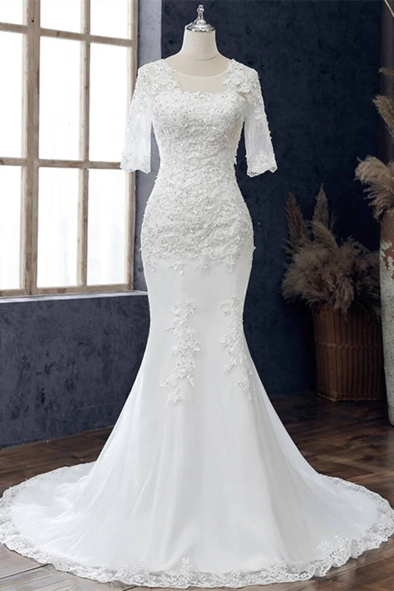 White Jewel Half Sleeve Mermaid Wedding Dress