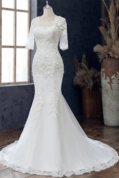 White Jewel Half Sleeve Mermaid Wedding Dress