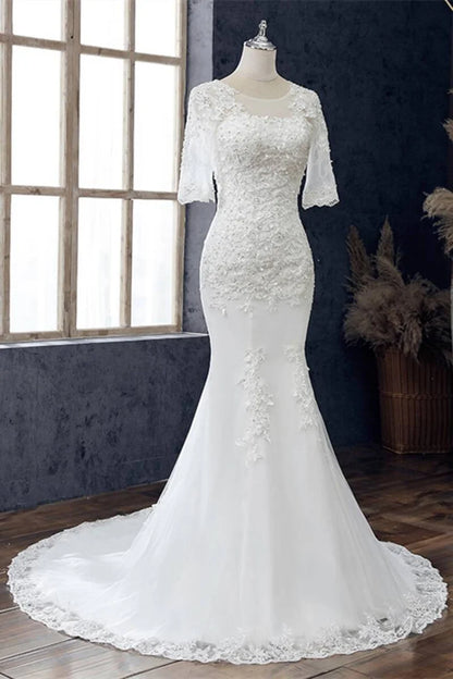 White Jewel Half Sleeve Mermaid Wedding Dress