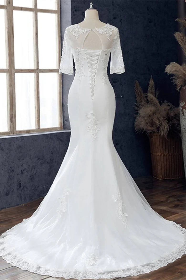 White Jewel Half Sleeve Mermaid Wedding Dress