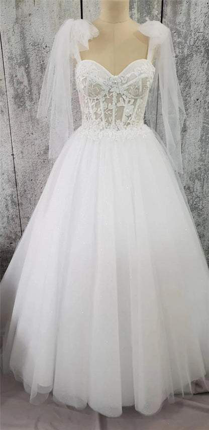 Tulle Sweetheart Lace-Up A-Line Long Wedding Dress