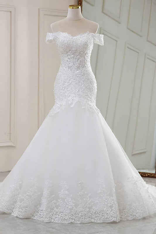 Lace Off-the-Shoulder Trumpet Long Wedding Dress