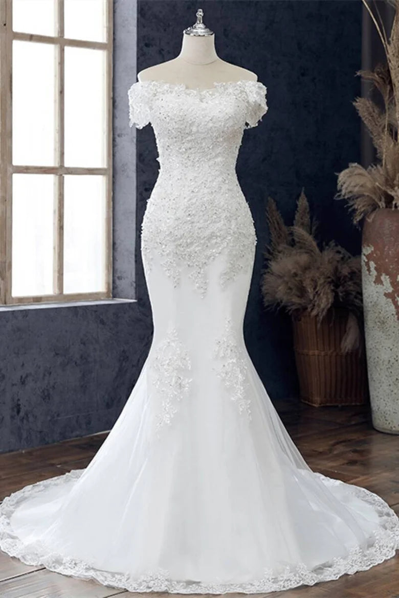 Floral Lace Off-the-Shoulder Trumpet Wedding Dress