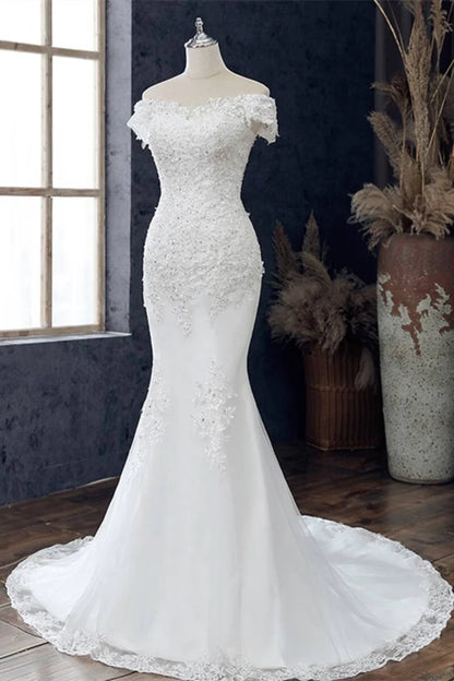 Floral Lace Off-the-Shoulder Trumpet Wedding Dress