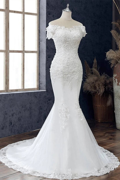 Floral Lace Off-the-Shoulder Trumpet Wedding Dress