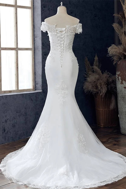 Floral Lace Off-the-Shoulder Trumpet Wedding Dress