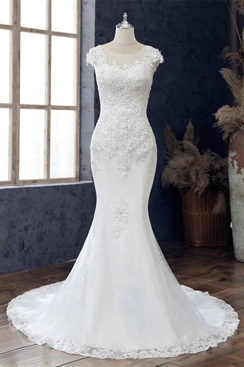 Lace Beaded Cap Sleeve Trumpet Wedding Dress