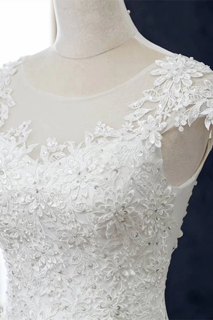 Lace Beaded Cap Sleeve Trumpet Wedding Dress