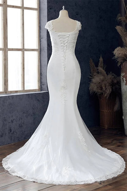 Lace Beaded Cap Sleeve Trumpet Wedding Dress