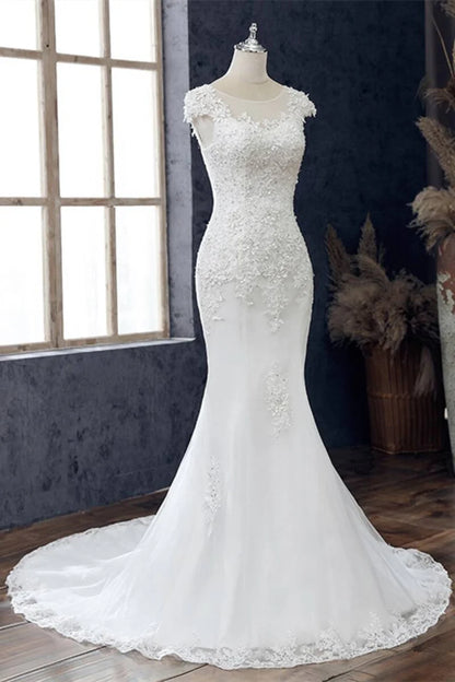 Lace Beaded Cap Sleeve Trumpet Wedding Dress